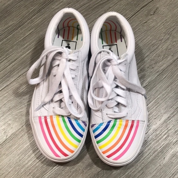 Old Skool New White Leather Rainbow 🌈 “Flour Shop” Lace Up Sneakers
